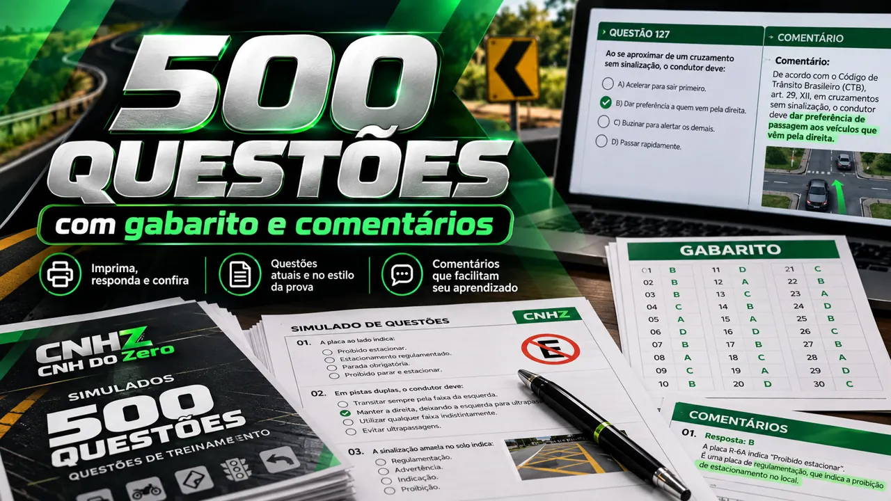 Imagem ilustrativa de questões de trânsito, folhas de resposta e gabarito